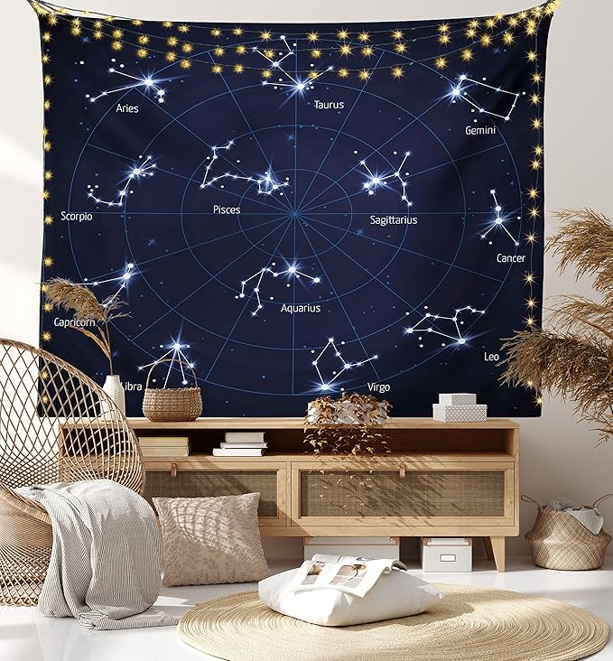 Ambesonne Constellation Tapestry, Sky Star Map Geometric Circle Space Night Horoscopes Chart Dark, Wide Wall Hanging for Bedroom Living Room Dorm, 60" X 40", Dark Blue White