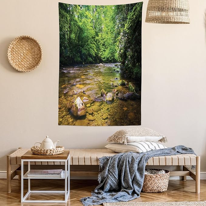 Ambesonne Appalachian Tapestry Twin Size, Oconaluftee River at Smoky Mountains National Park, Wall Hanging Bedspread Bed Cover Wall Decor, Twin Size, Lime Green Charcoal Grey