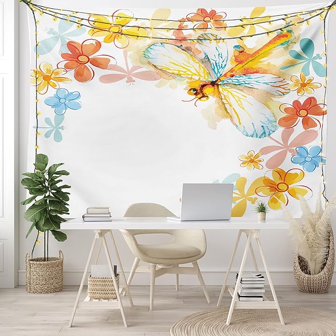 Ambesonne Dragonfly Tapestry, Abstract Grunge Vintage Design Moth Spring Flowers Floral Frame Art Print, Fabric Wall Hanging Decor for Bedroom Living Room Dorm, 23" X 28", Yellow Orange