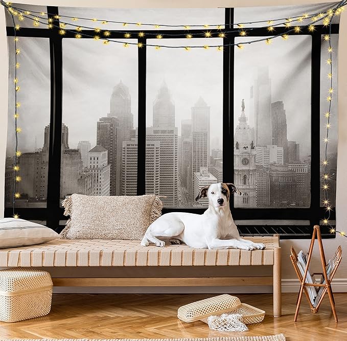 Ambesonne City Tapestry, Philadelphia City Rooftop View Through Window Skyline Landmark Rooftop Travel, Wall Hanging for Bedroom Living Room Dorm Decor, 40" X 60", Grey Black
