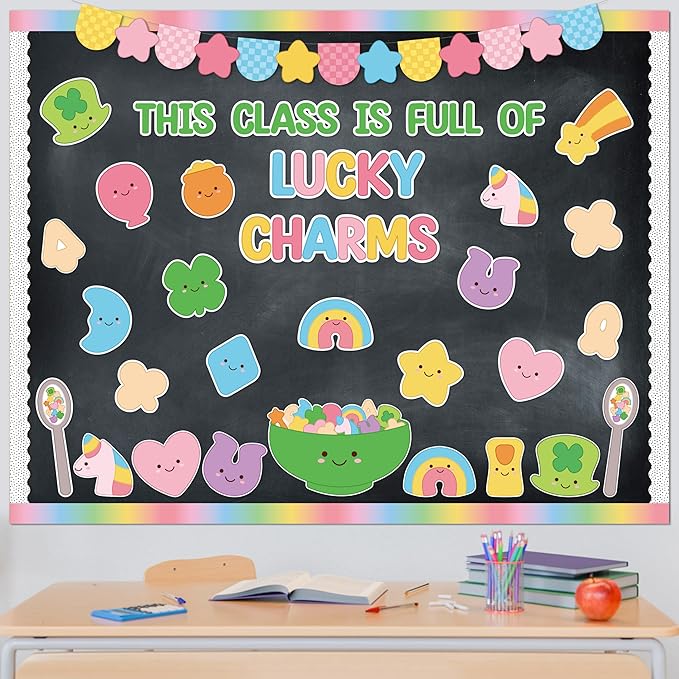 St. Patrick's Day Bulletin Board - 118pcs Lucky Charms Cutout with Banner Decor Set, Shamrock Rainbow Clover Chalkboard Classroom Wall School Accents Ideas Kits for Irish Day Party Supplies