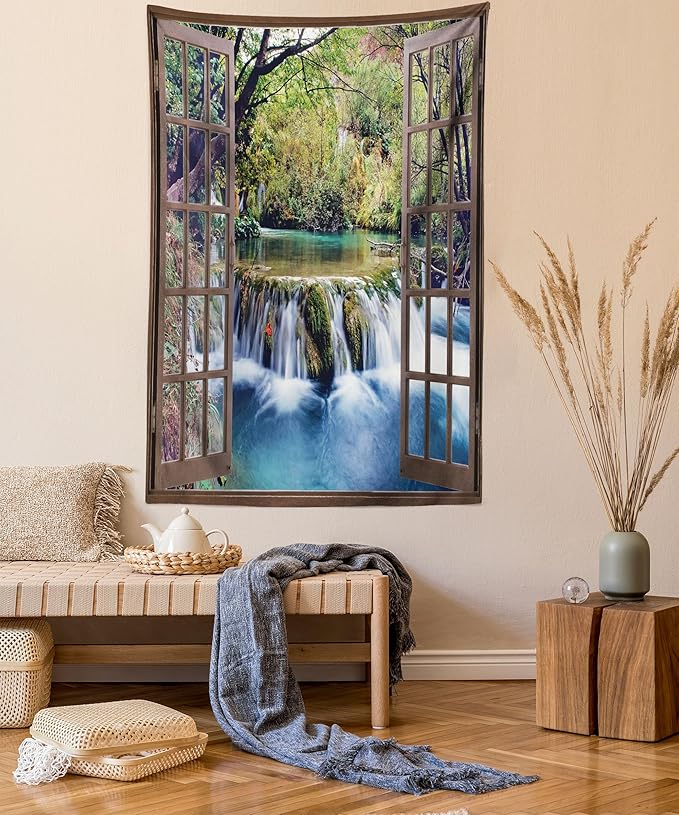 Ambesonne Waterfall Tapestry, Wide Waterfall Deep down in the Forest Seen from a City Window Epic Surreal Print, Fabric Wall Hanging Decor for Bedroom Living Room Dorm, 30" X 45", Brown Black