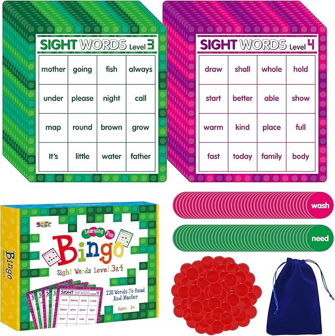 SpriteGru Sight Word Bingo Game, 120 Sight Words Learn to Read Level 3 & Level 4 Bingo Board Game Dolch's & Fry's Words Lists for Kindergarten and Preschool Kids 5+, Perfect for Classroom & at Home