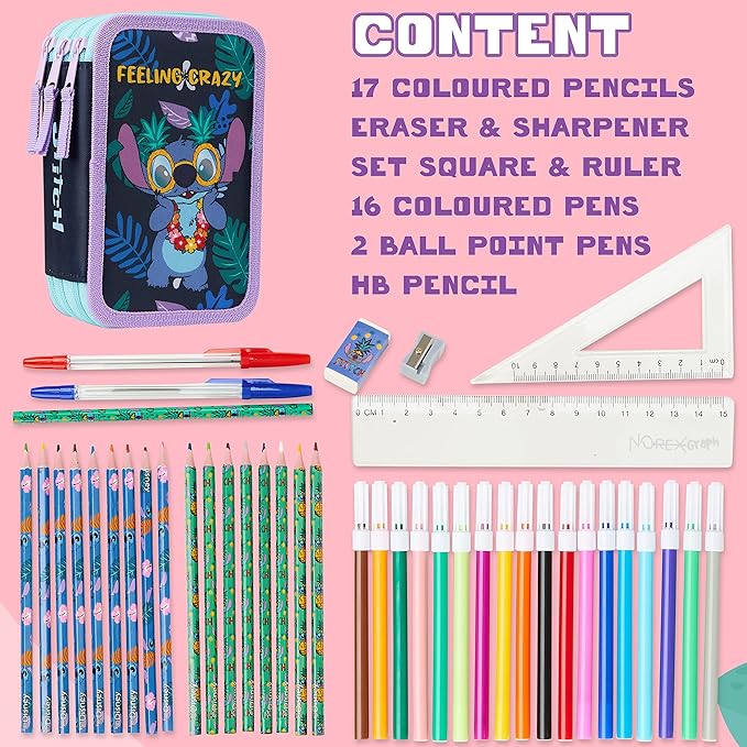 Disney Stitch Filled Pencil Case with Colored Pencils, Markers, Gifts for Girls Kids, Stationery School Art Supplies Pouch Holder Organizer (Multi Stitch Triple Zip)