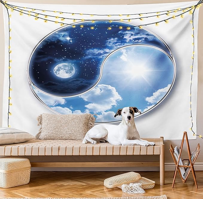 Ambesonne Space Tapestry, Yin Yang World Moon and Sun Harmony of the Universe Art Print, Fabric Wall Hanging Decor for Bedroom Living Room Dorm, 45" X 30", Navy Blue Sky Blue White