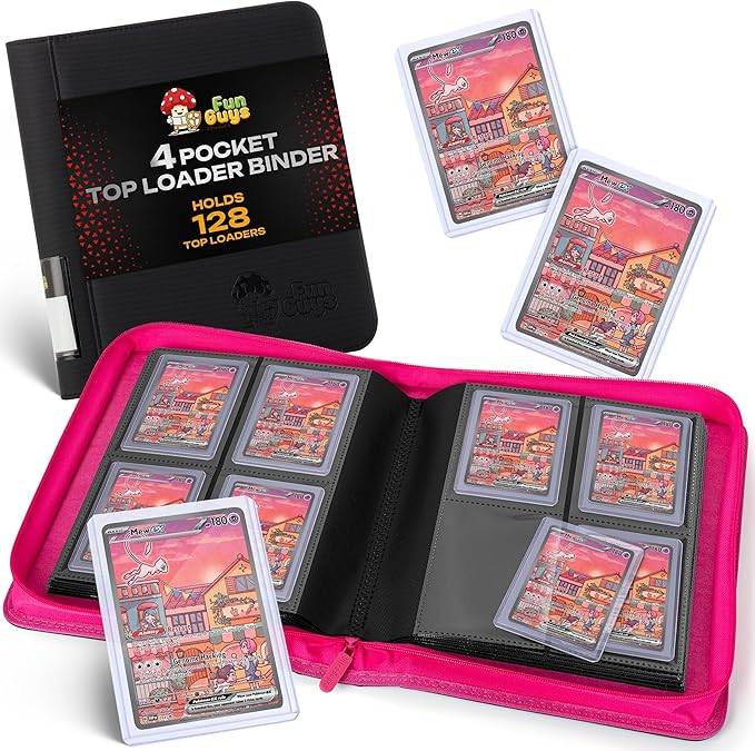 FunGuys Toploader Binder – 4 Pocket Trading Card Binder for 128 Top Loaders, Pokemon Card Binder, MTG, Yugioh, Sports Cards, TCG Storage Album, Zipper Card Collector Folder