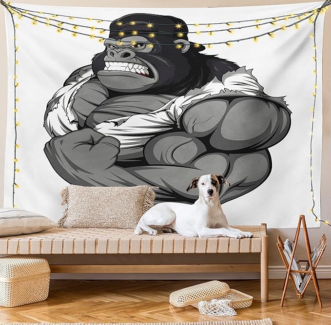 Ambesonne Cartoon Tapestry, Image of Big Gorilla Like as Professional Athlete Bodybuilding Gym Animal, Wall Hanging for Bedroom Living Room Dorm Decor, 60" X 80", Black White Grey