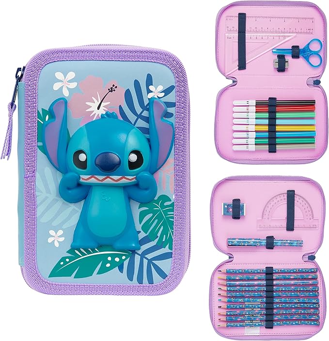 Disney Stitch Filled Pencil Case with Colored Pencils, Markers, Gifts for Girls Kids, Stationery School Art Supplies Pouch Holder Organizer (Blue Stitch Double Zip)