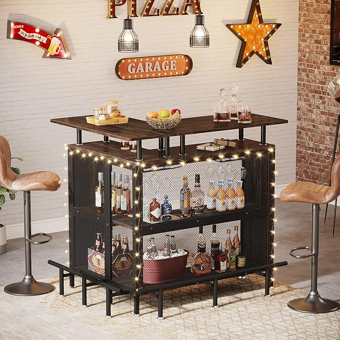 Tribesigns Home Bar Unit, L-Shaped Bar Table with Stemware Racks and 2-Tier Shelves, Corner Mini Coffee Liquor Cabinet with Footrest for Home/Kitchen/Pub, Rustic Brown