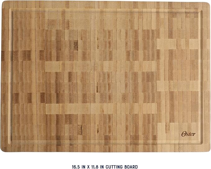 Oster Capeheart Rectangular End Grain Bamboo Cutting Board – 16.5" x 11.8" Wooden Durable Kitchen Chopping Carving Boards with Juice Grooves, Oil Finished