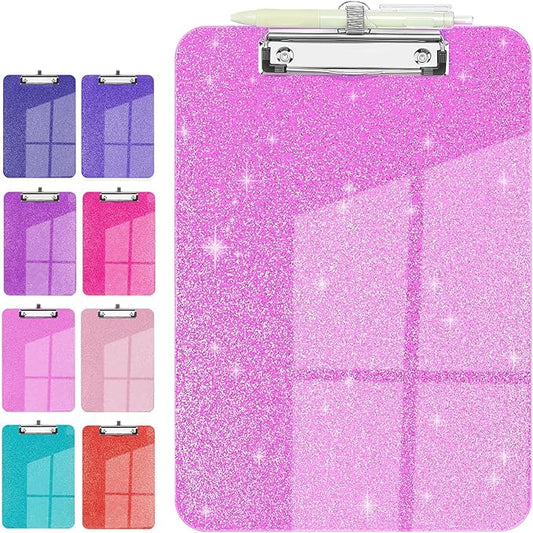 Sparkly Clipboard with Pen Holder, Clear Plastic Glitter Clip Board, Hanging Shiny Clipboards with Low Profile Metal Clip, Letter A4 Size for Taecher Women Office School (Rose Pink)