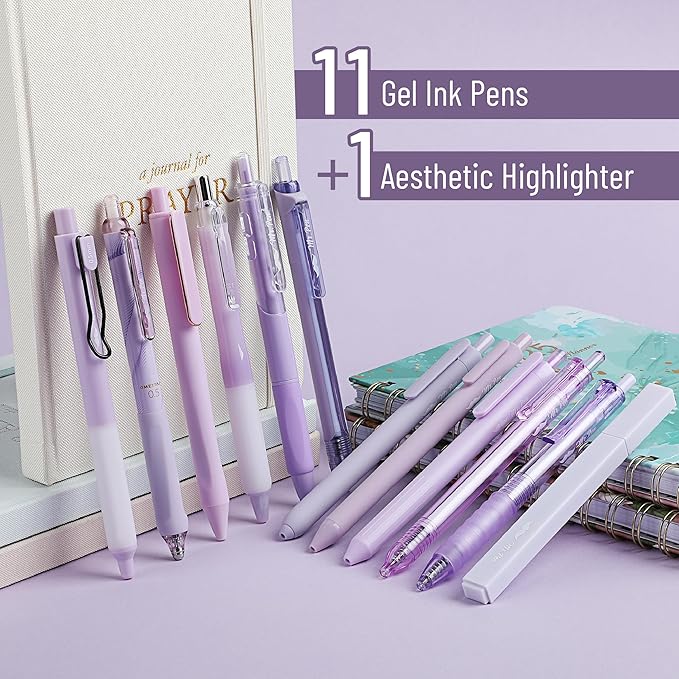Mr. Pen- Gel Pen Set, 12 Pack, Pastel Purple Barrels, 1 x Aesthetic Highlighter, 0.5mm Purple Pens with Black Ink
