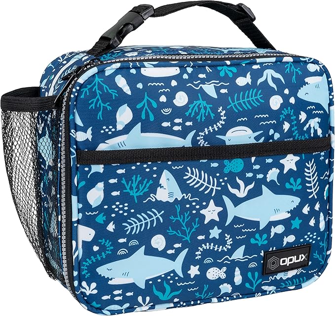 opux Insulated Lunch Bag Kids, Lunch Box for School Boy Girl, Leakproof Small Reusable Compact Soft Mini Cooler Bag, Toddler Small Lunch Boxes Kit Pail with Front Side Pockets (Blue Shark)