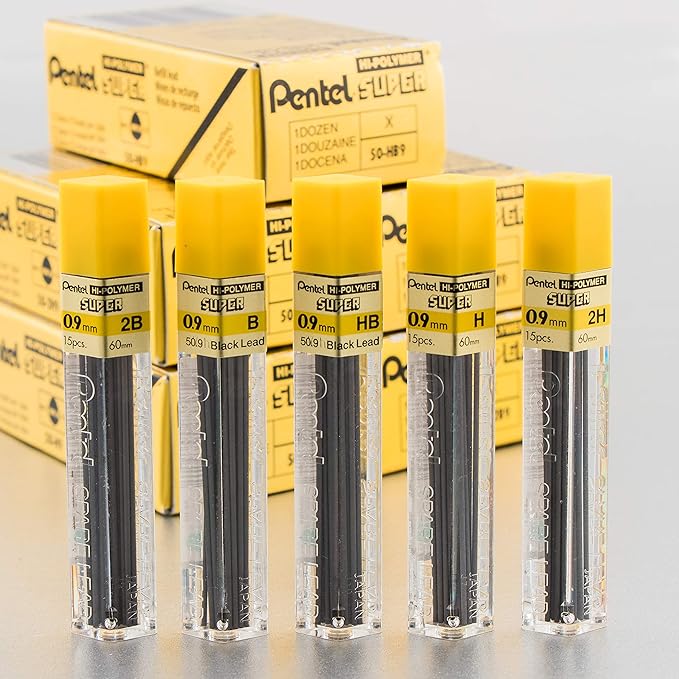 Pentel Super Hi-Polymer Lead Refill, (0.9mm) Thick, HB, 180 Pieces of Lead, 12 Tubes of Lead (50-9-HB)