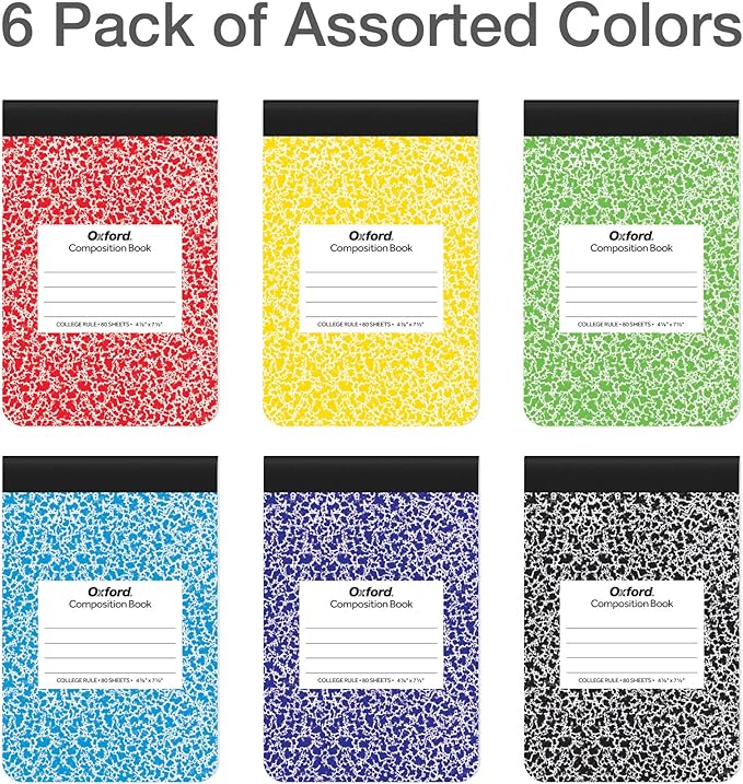 Oxford Jr. Composition Notebooks, Notebooks for School, School Supplies, Half Size, Kids Journal, 7-1/2 x 4-7/8 Inches, College Ruled Paper, 80 Sheets, Primary Marble Covers, (63774) (Pack of 24)