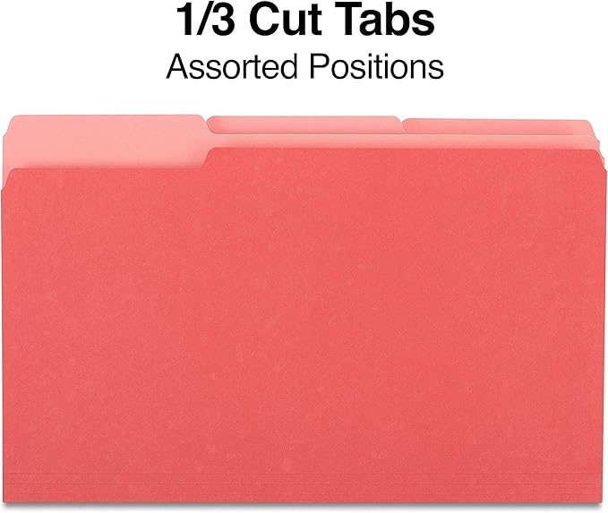 Staples File Folders, Legal Size, 1/3‑Cut Tabs, Red, Durable Paper Stock, 200/Carton