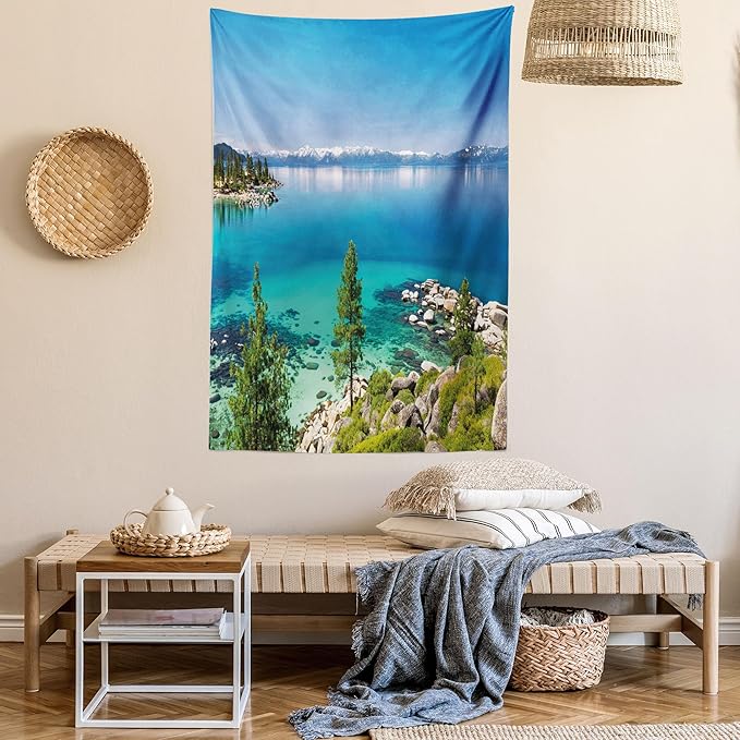 Ambesonne Blue Tapestry Queen Size, Tranquil View of Lake Tahoe Sierra Pines on Rocks with Turquoise Waters Shoreline, Wall Hanging Bedspread Bed Cover Wall Decor, 88" X 88", Blue Grey Green