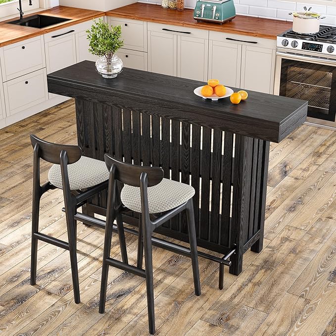LITTLE TREE 63-Inch Home Bar Table, 2-Tier Storage Shelf Mini Bar Unit, Kitchen Pub Table, Small Indoor Bar Counter, Black