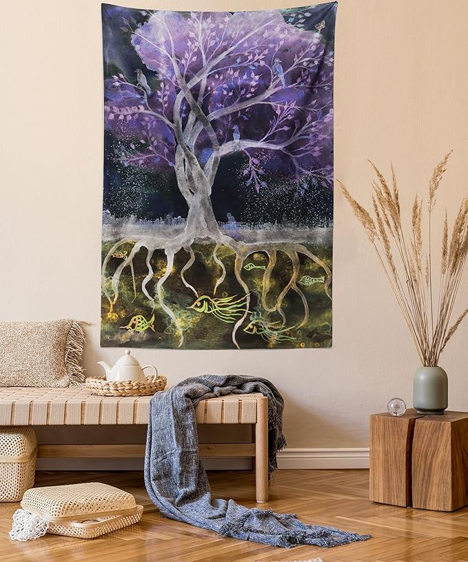 Ambesonne Tree of Life Tapestry Queen Size, Psychedelic Mysterious Nature at Night Birds and Fishes Home Art, Wall Hanging Bedspread Bed Cover Wall Decor, 88" X 88", Purple Black