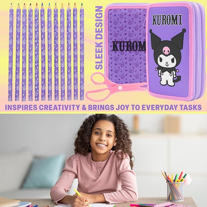 Hello Kitty Sanrio Pencil Case Kids Colored Pencils Markers Kawaii Kuromi Stationery Gifts for Kids (Multi Kuromi)