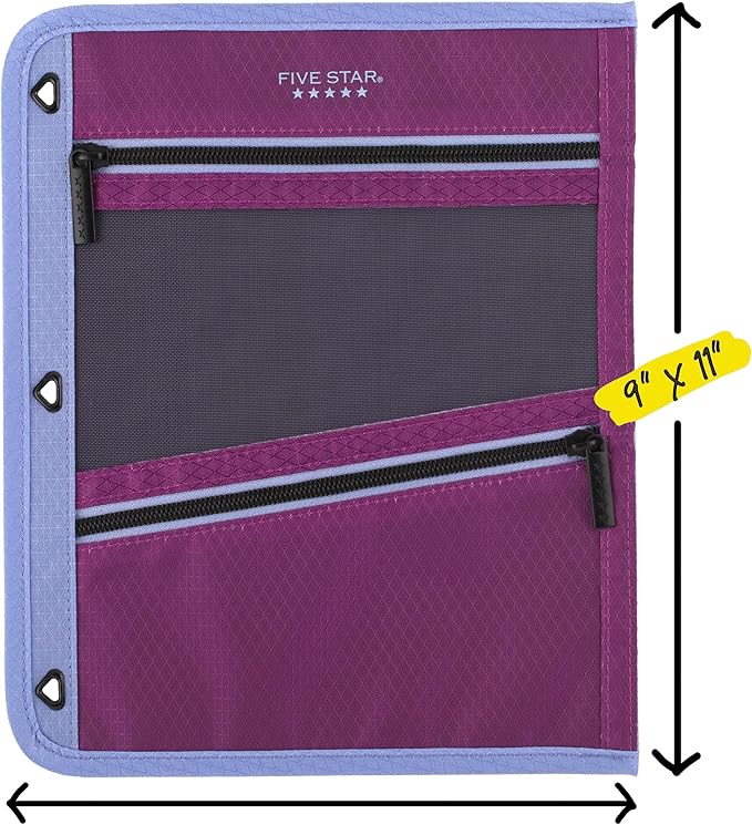 Five Star Pencil Pouch, Pen Case, 3-Pocket Zipper Pouch, Fits 3-Ring Binder, Storage Organizer for Classroom Supplies Earbuds Chargers Cables Makeup, Lilac/Berry (500208F-ECM)