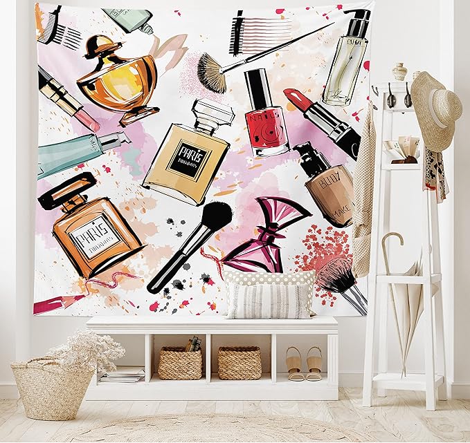Ambesonne Fashion Tapestry, Cosmetic and Makeup Theme Pattern Perfume Lipstick Nail Polish Brush Modern, Fabric Wall Hanging Decor for Bedroom Living Room Dorm, 45" X 30", Coral White