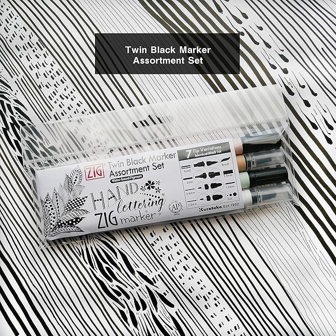 Kuretake ZIG Twin Marker BLACK 4 Assortment set for Hand Lettering, Calligraphy Art, Illustration, Journaling, Cartooning, AP- Certificated, Made in Japan