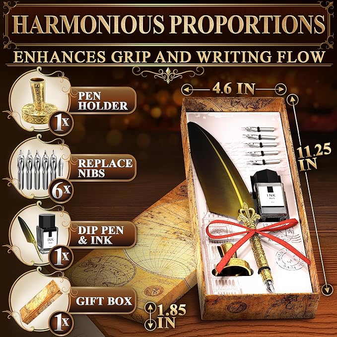 Antique Feather Quill Pen and Ink Set – Stand & Gift Box, Golden Writing Quill and Ink Set with 5 Nibs, Patterned Anti-Slip Grip – Stainless Steel Dip Pen for Signing & Writing | Calligraphy Gift