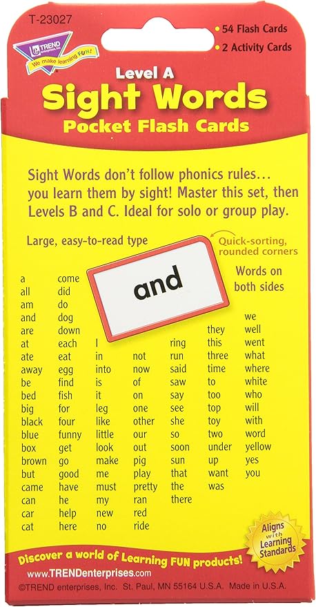 Trend Enterprises: Sight Words Level A Pocket Flash Cards, Great for Skill Building and Test Prep, 56 Two-Sided Cards Included, 108 Commonly-Used Words, for Ages 4 and Up