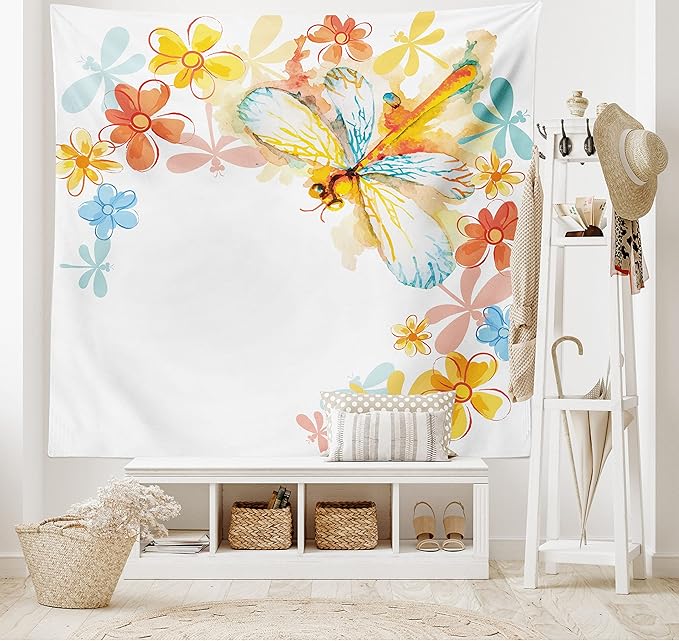 Ambesonne Dragonfly Tapestry, Abstract Grunge Vintage Design Moth Spring Flowers Floral Frame Art Print, Fabric Wall Hanging Decor for Bedroom Living Room Dorm, 30" X 45", Yellow Orange