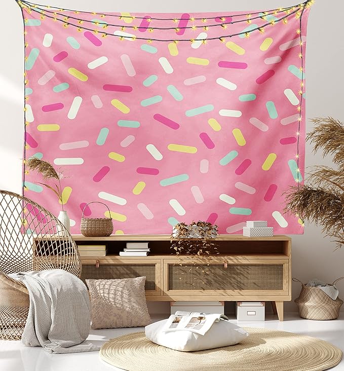 Ambesonne Pink and White Tapestry, Abstract Pattern of Colorful Donut Sprinkles Tasty Food Bakery Theme, Fabric Wall Hanging Decor for Bedroom Living Room Dorm, 45" X 30", Pink Yellow