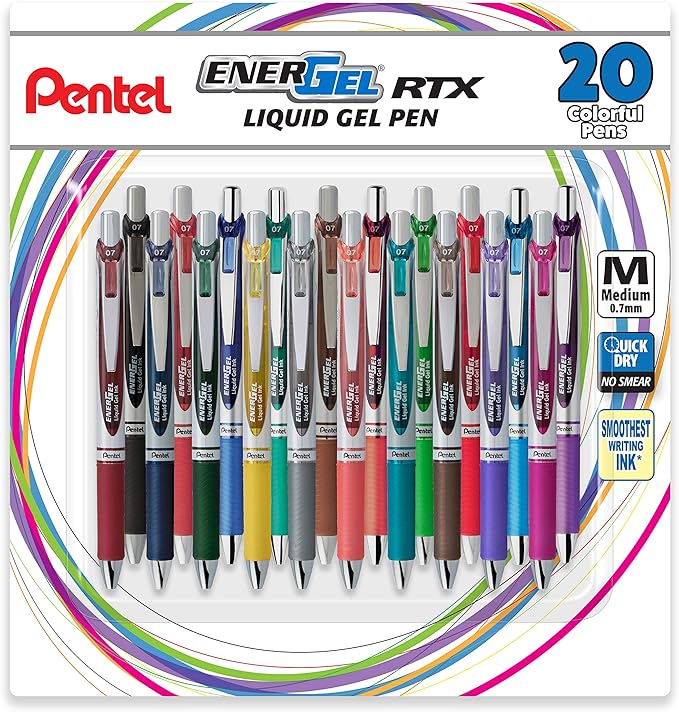 Pentel EnerGel RTX Retractable Liquid Gel Pen, (0.7mm), Medium Line, Metal Tip, Assorted Ink Colors, 20 Pack (BL77BP20M)