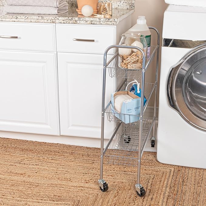 Household Essentials 3-Tier Slim Storage Cart, Heavy-Duty Steel Frame, Smooth Casters with Locks, Chrome-Like Powder Coat Finish, Arched Handles, Easy to Assemble, Modern, Compact, Silver