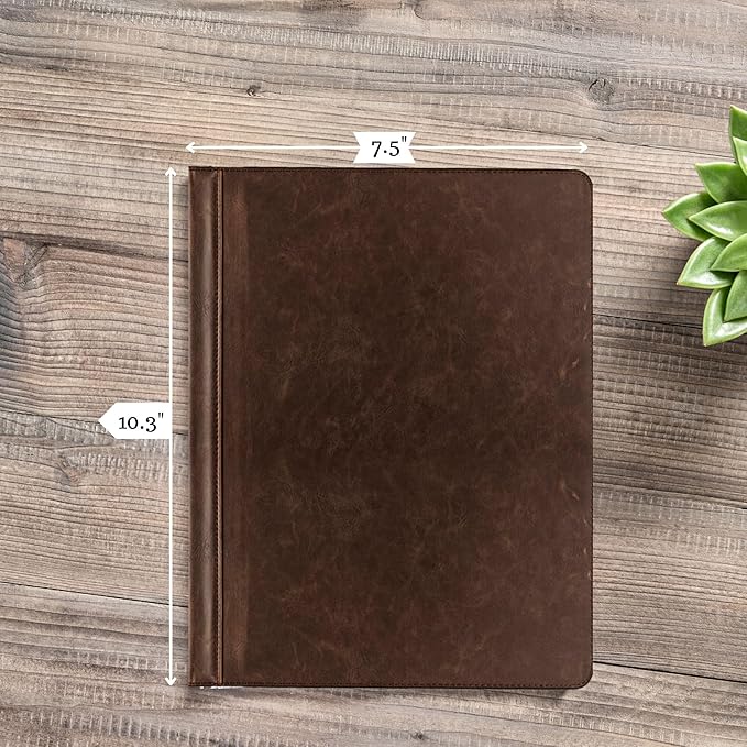 Performore Vintage Professional 3 Ring Zipper Binder Organizer, for 8.5" x 5.5" Paper, 1-Inch Round Rings, 2 Inner Pockets, Antique Brown Vegan Leather, Pen Included