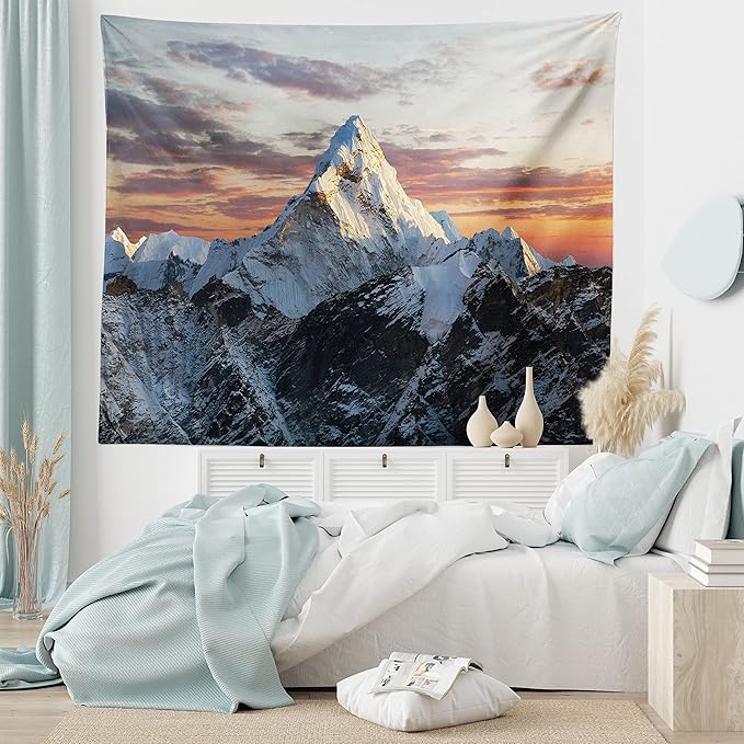 Ambesonne Mountain Tapestry King Size, Evening South High Hill Above the Sky Colorful Nepal Everest Photo, Wall Hanging Bedspread Bed Cover Wall Decor, 104" X 88", Bluegrey Salmon