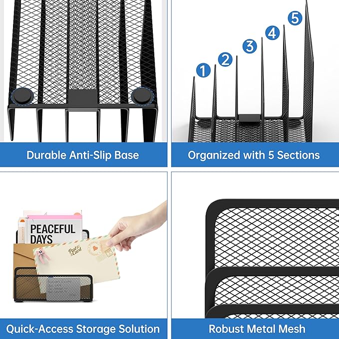 Mail Organizer with 5 Slot, Metal Mail Holder for Desk, Office File Holder Letter Organizer for Mails (Black)