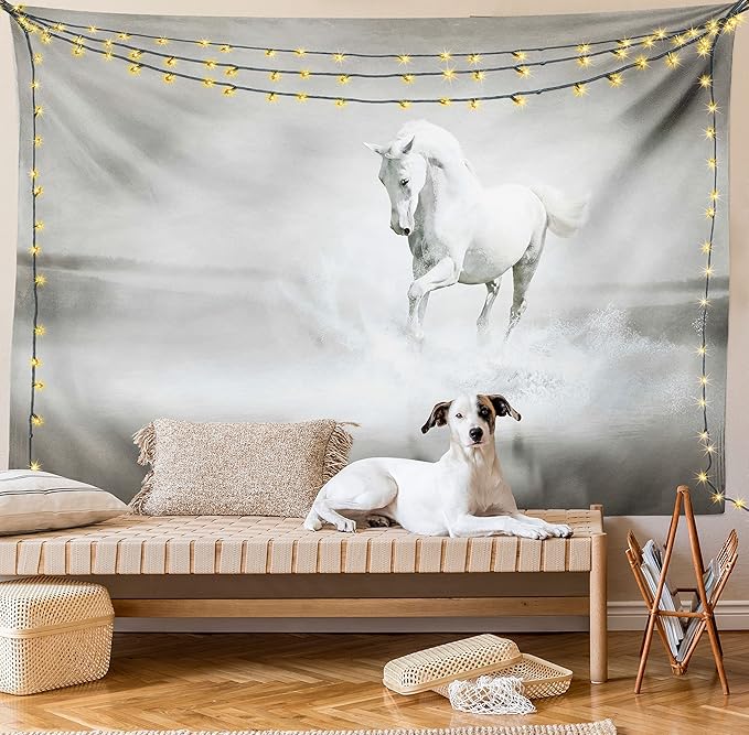 Ambesonne Horses Tapestry Twin Size, Wild Horse Running Through Water Dramatic for the Motivation of Life Art, Wall Hanging Bedspread Bed Cover Wall Decor, 68" X 88", Black and White