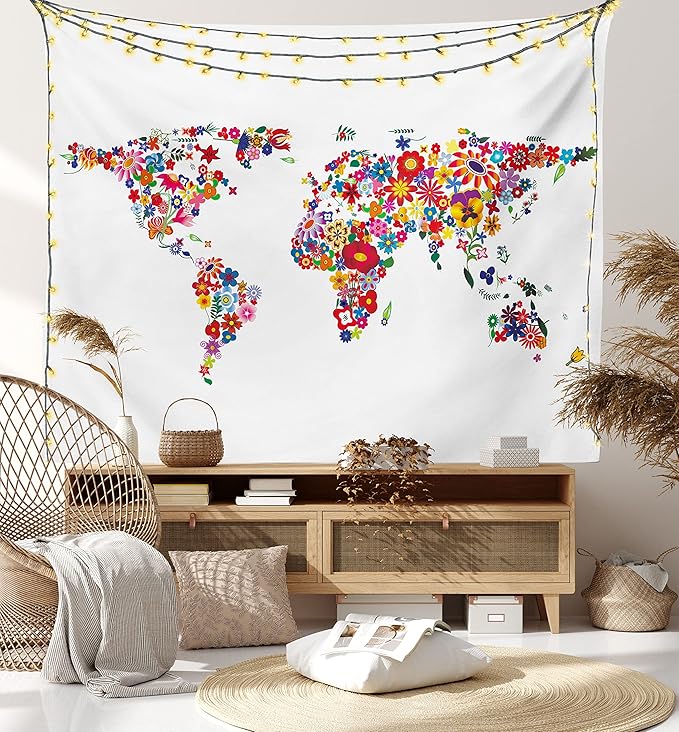 Ambesonne Floral World Map Tapestry, Bunch of Flower Petals Essence Fragrance Garden Growth Theme Atlas Image, Fabric Wall Hanging Decor for Bedroom Living Room Dorm, 28" X 23", Red White