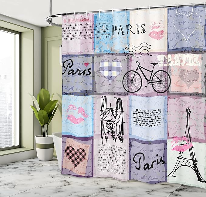 Ambesonne Paris Shower Curtain, Grunge Textured Retro Collage of France Famous Object Eiffel Tower Europe Theme, Cloth Fabric Bathroom Decor Set with Hooks, 69" W x 70" L, Multicolor Lilac
