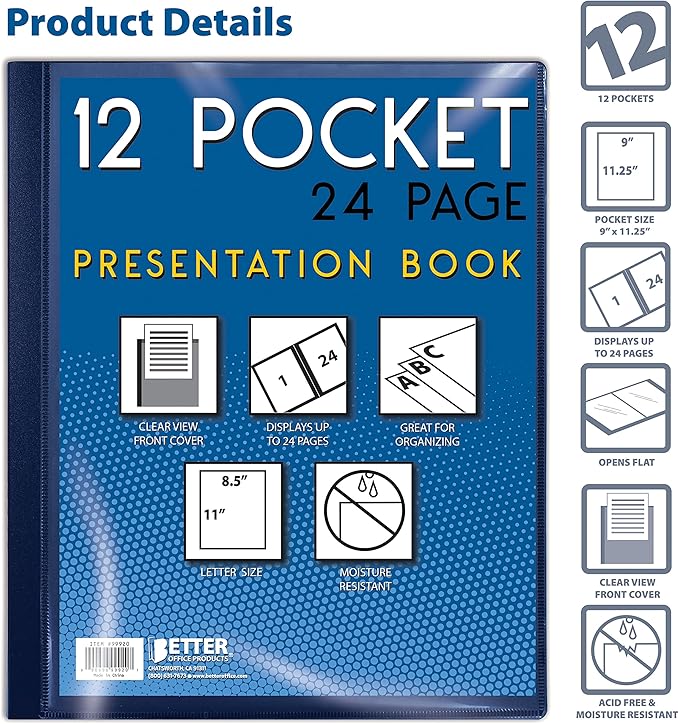 Better Office Products 12 Pocket Bound Presentation Book, Blue with Clear View Front Cover, 24 Sheet Protector Pages, 8.5" x 11" Sheets, Art Portfolio, Durable Poly Covers, Letter Size, Blue