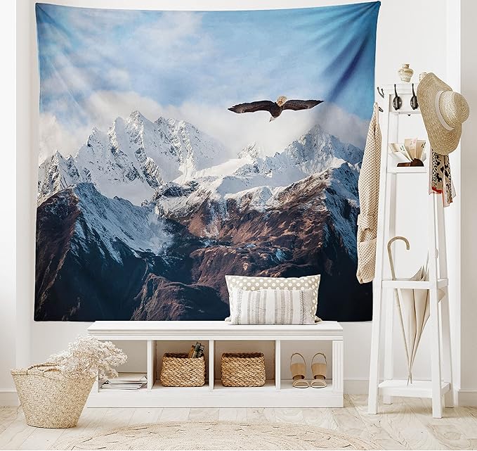 Ambesonne Mountain Tapestry, Frozen Peaks Tops of the Mountain with a Flying Eagle Free in Nature Photo, Wide Wall Hanging for Bedroom Living Room Dorm, 80" X 60", Brown White Blue