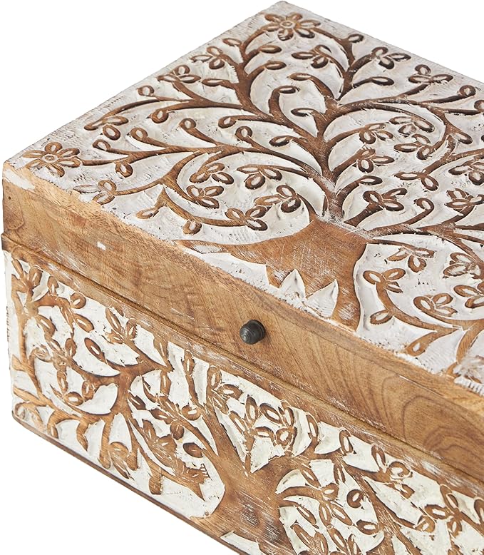 Deco 79 Mango Wood Floral Decorative Box Decorative Keepsake Boxes with Hinged Lid, Set of 3 Storage Boxes 8", 10", 12"W, Brown