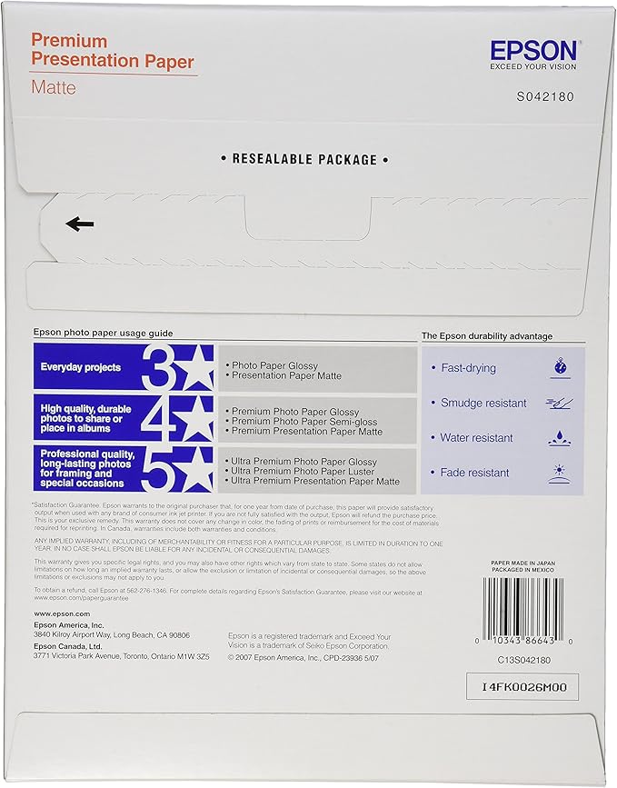 Epson Premium Presentation Paper MATTE (8.5x11 Inches, 100 Sheets) (S042180),Black