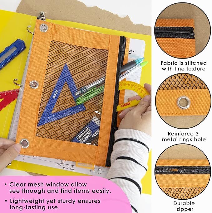 BAZIC PRODUCTS Pencil Pouch 3 Ring Binder Pouch w/Rivet Enforced Rings Holes, Pastel Color Mesh Window Zipper Pouchesr, 144-Pack