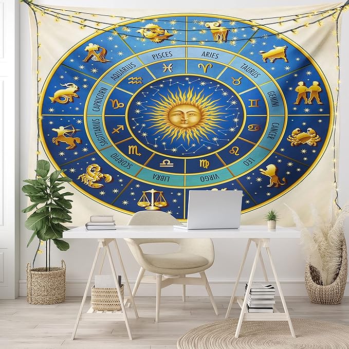 Ambesonne Astrology Tapestry, Wheel of Astrological Signs Names Dates Moon Sun in Middle, Fabric Wall Hanging Decor for Bedroom Living Room Dorm, 23" X 28", Blue Yellow and Cream