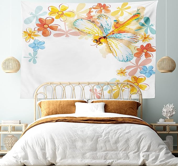Ambesonne Dragonfly Tapestry Twin Size, Abstract Grunge Vintage Design Moth Spring Flowers Floral Frame Art Print, Wall Hanging Bedspread Bed Cover Wall Decor, 68" X 88", Yellow Orange