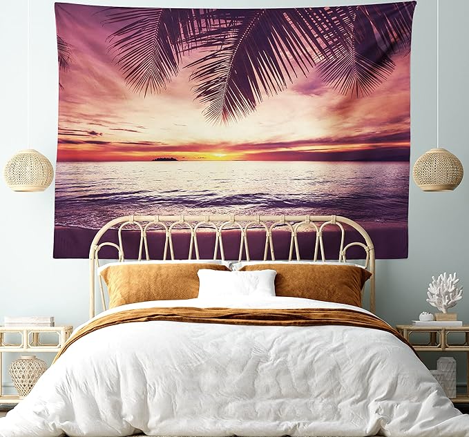 Ambesonne Palm Tree Tapestry, Tropical Beach Under Shadows at Sunset Ocean Waves Serenity of Paradise in Nature, Fabric Wall Hanging Decor for Bedroom Living Room Dorm, 45" X 30", Yellow Purple