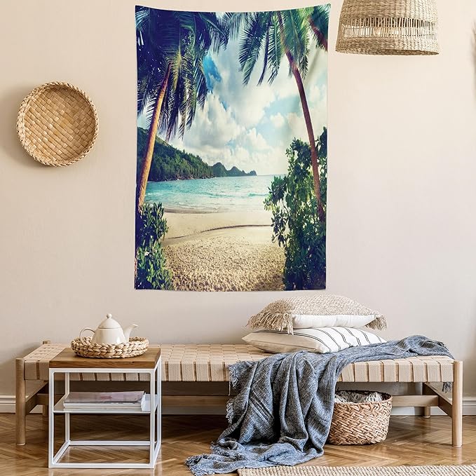 Ambesonne Palm Tree Tapestry, Summer Beach Vintage Style Tropical Sunset Picture Print, Fabric Wall Hanging Decor for Bedroom Living Room Dorm, 30" X 45", Dark Green Sand Brown
