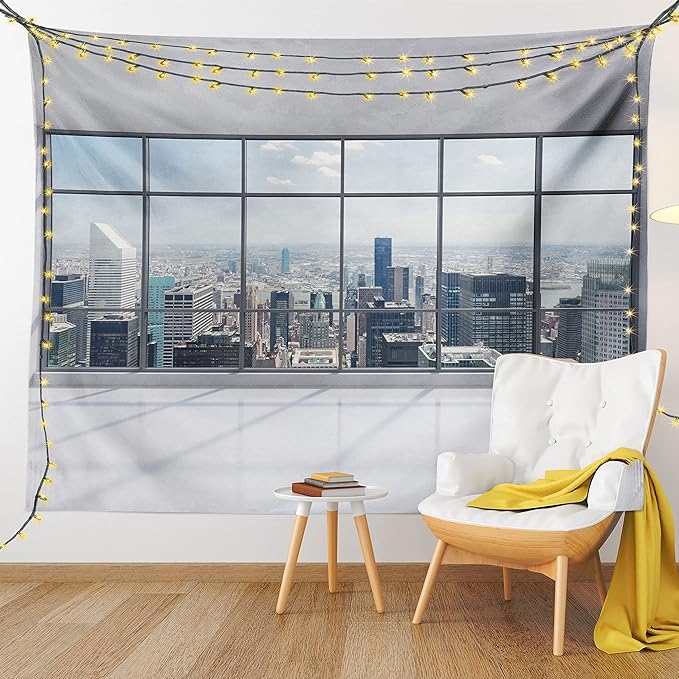 Ambesonne City Tapestry, Clean Office with Big Window Downtown Skyscraper Buildings Domestic Cityscape Art, Fabric Wall Hanging Decor for Bedroom Living Room Dorm, 28" X 23", Grey White