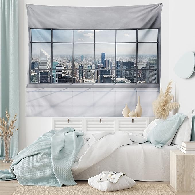 Ambesonne City Tapestry Queen Size, Clean Office with Big Window Downtown Skyscraper Buildings Domestic Cityscape Art, Wall Hanging Bedspread Bed Cover Wall Decor, 88" X 88", Grey White